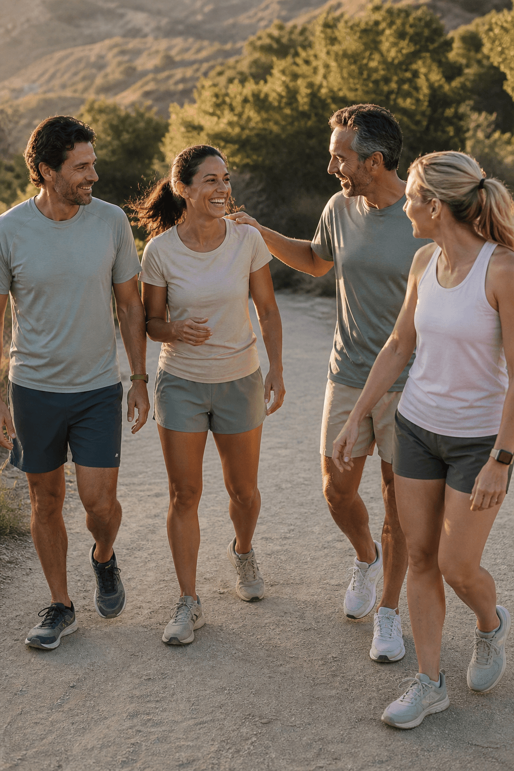 Volwassenen lopen samen en lachen na het bewegen