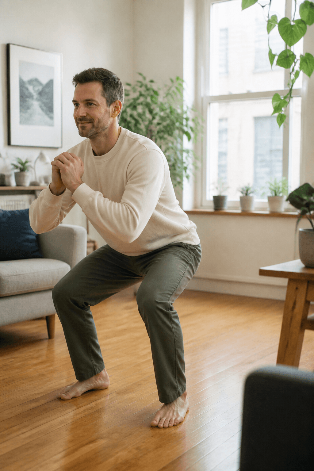 Een volwassene doet thuis een eenvoudige bodyweight-oefening